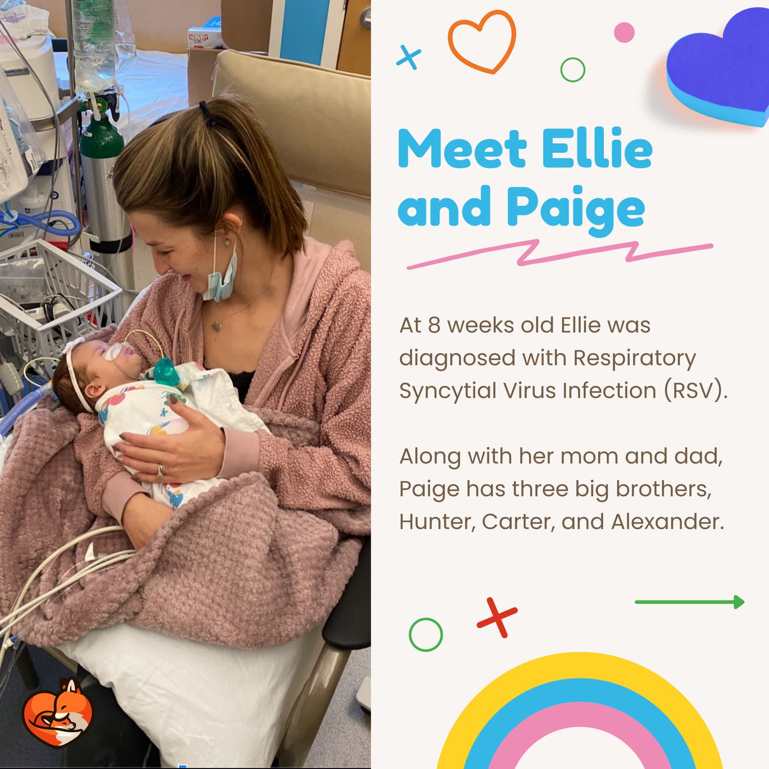 Photograph of baby Ellie and her mom Paige sitting in the Pediatric Intensive Care Unit.