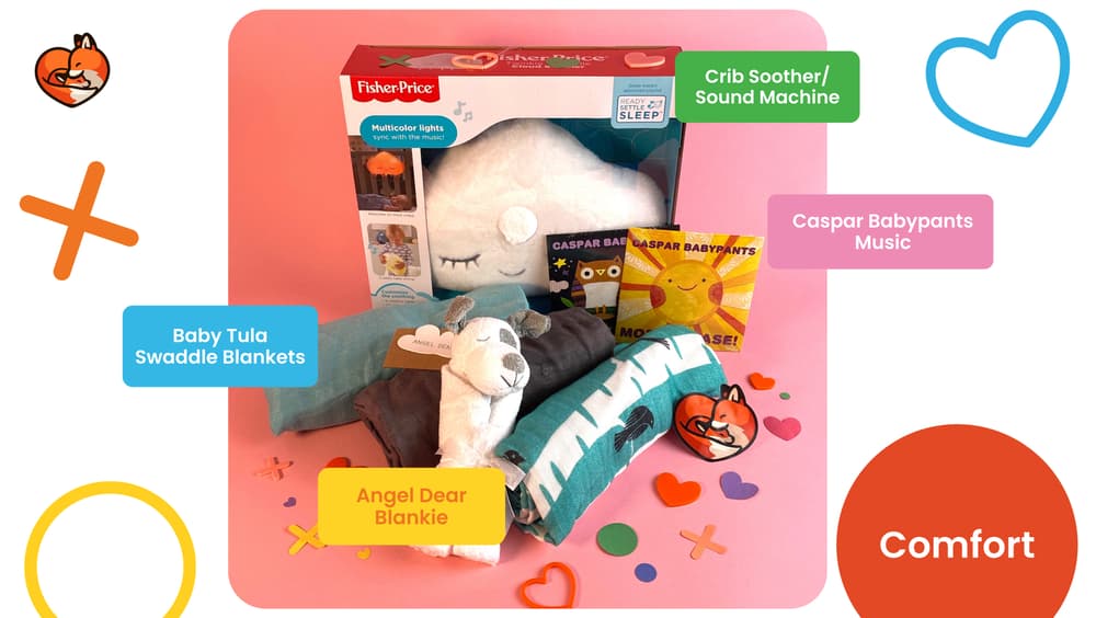 Thanks to the generous support of our partners Angel Dear, Baby Tula and Caspar Babypants our boxes have wonderful comfort items!