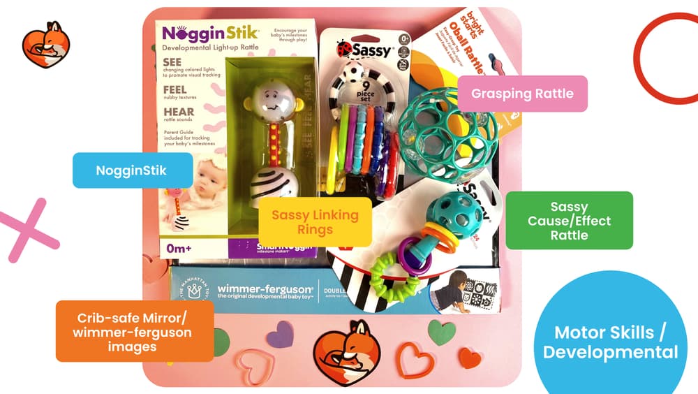 With the generous support of our partners Sassy Baby and SmartNoggin we’re able to include amazing activities to help encourage developmental and motor skill growth!